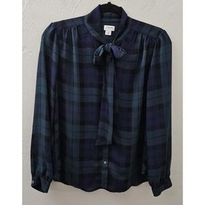 J. Crew Women's‎ Plaid Bow Neck Top Blouse Navy Blue Green Size Medium Petite